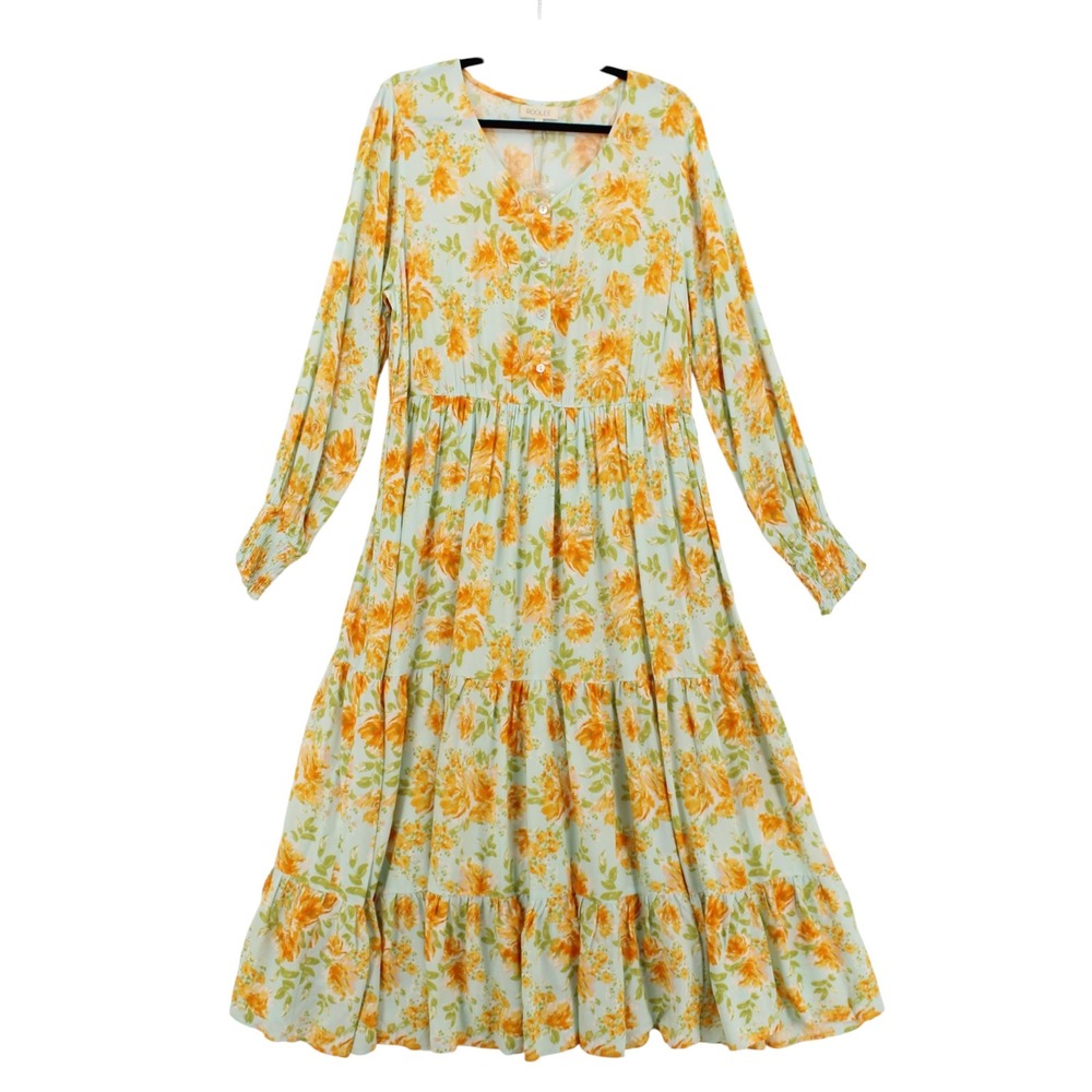 Roolee Floral Tiered Maxi Dress Large Green Orange Long Sleeve smocked cuffs